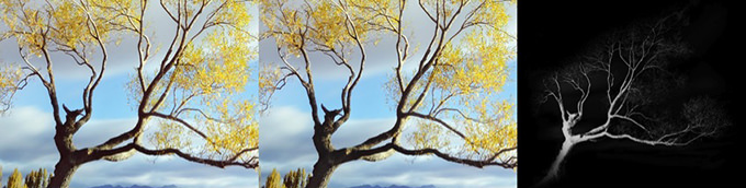 Left: Before desaturation; Center: Reds desaturated; Right: Mask for saturation adjustment layer