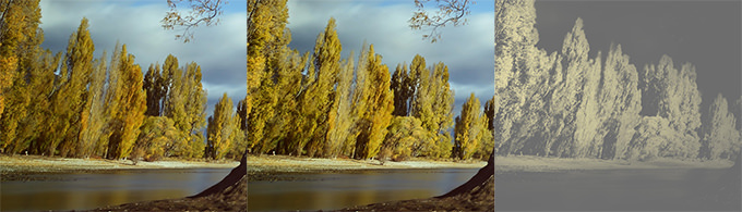 Left: Before dodging; Center: After dodging; Right: Soft light layer