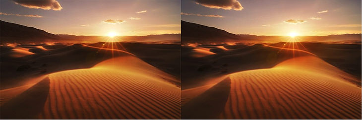 After adding the Soft Light layer, the sun has a nice bit of glow. Before (left) and after (right)