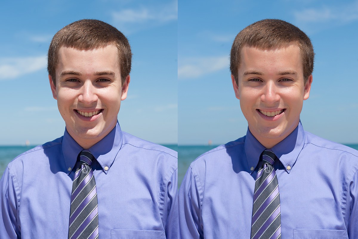 Two-panel before-and-after portrait of a smiling young man in a blue shirt and striped tie on a beach, showing dark under-eye shadows removed in the retouched right panel