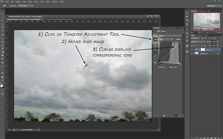 The same photograph with callouts numbered one to three showing how to pick up the Targeted Adjustment Tool, hover over the image, and read the matching tone on the curve
