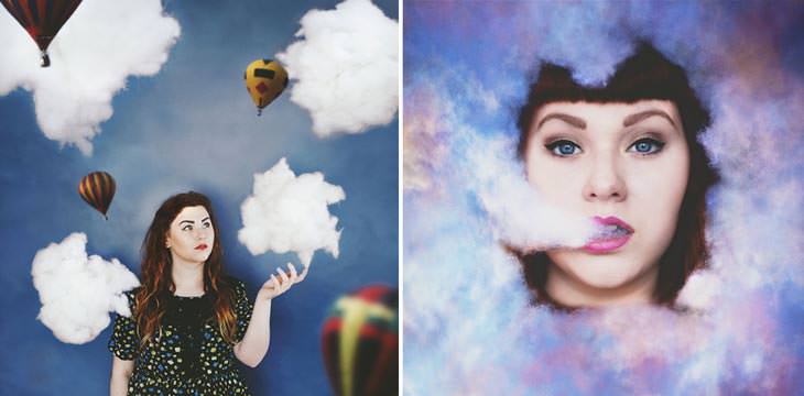 Two photos: a woman holding a cotton cloud among hot air balloons on a blue backdrop, and a woman exhaling a cloud from a pastel sky