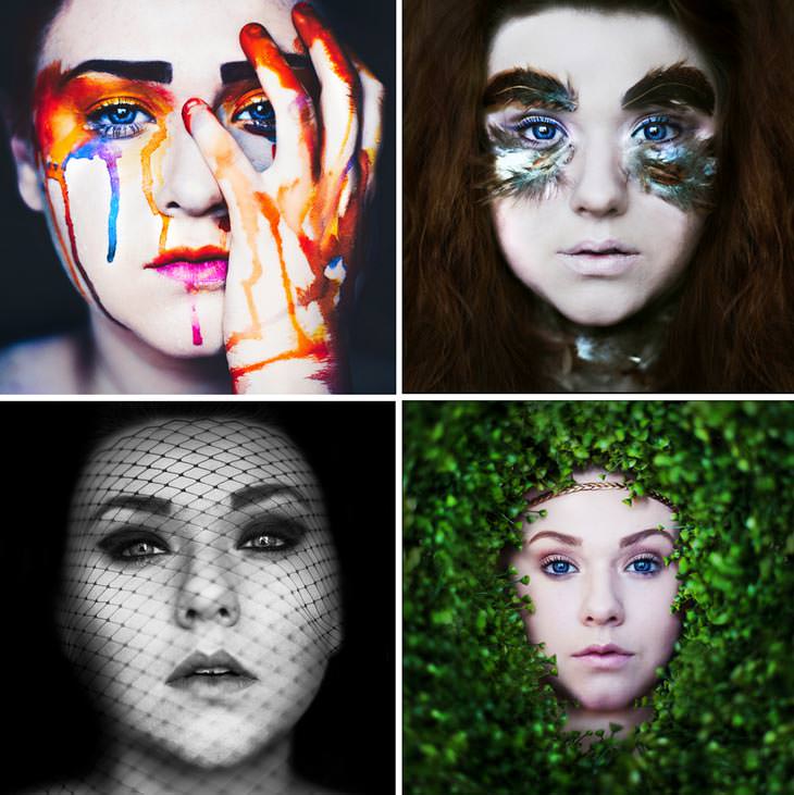 Four close-up portraits of a woman: dripping watercolor paint on her face, feathers over her eyes, a fishnet veil, a face framed by ivy