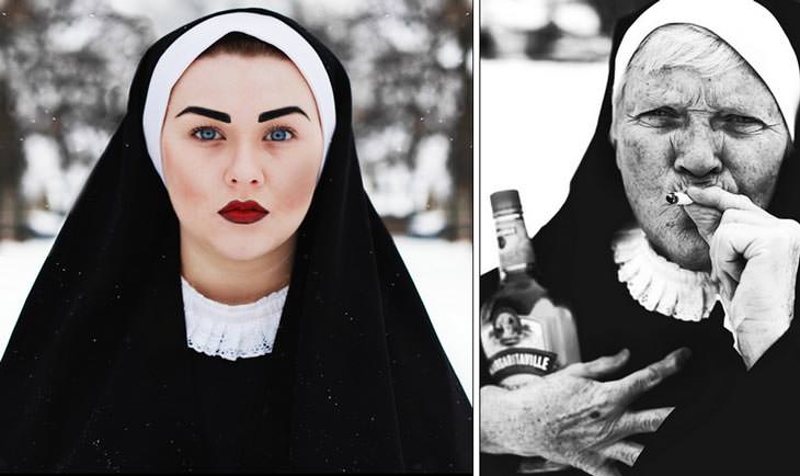 Megan Wilson and her grandmother dressed as nuns: a young nun with red lips in snow, and an older nun smoking and holding a bottle