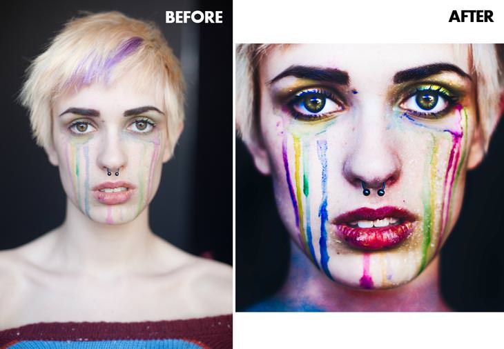 Before and after: a blonde woman with faint paint streaks on her face, then a close crop with bold rainbow paint drips and red lips