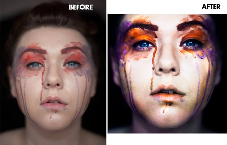Before and after: a woman with orange and purple paint around her eyes, then a brighter crop with vivid orange paint and blue eyes