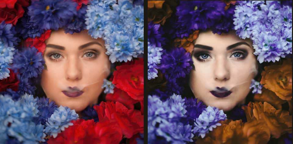 Two versions of one portrait framed by flowers: red and blue blooms on the left, purple and orange blooms on the right