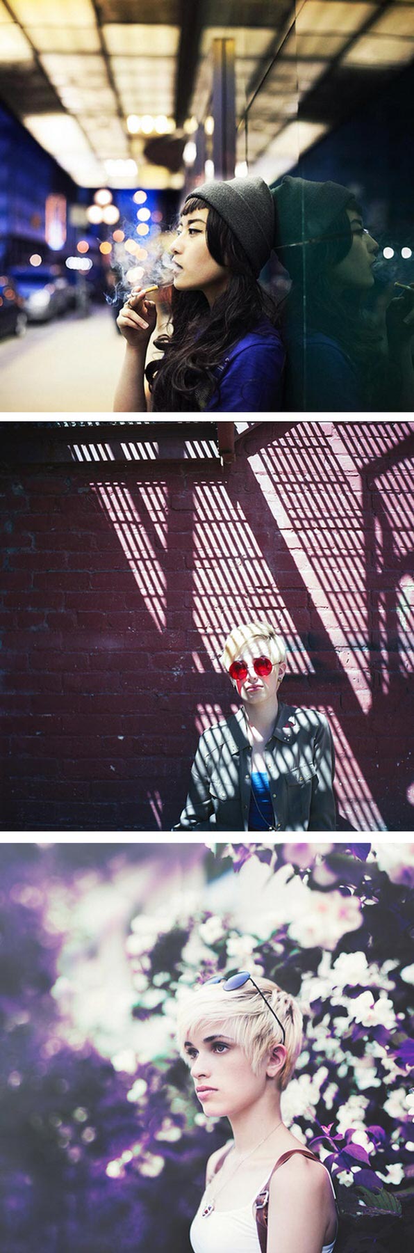 Three portraits: a woman smoking under city lights at night, a blonde in red sunglasses in striped shadows, a blonde among white blossoms