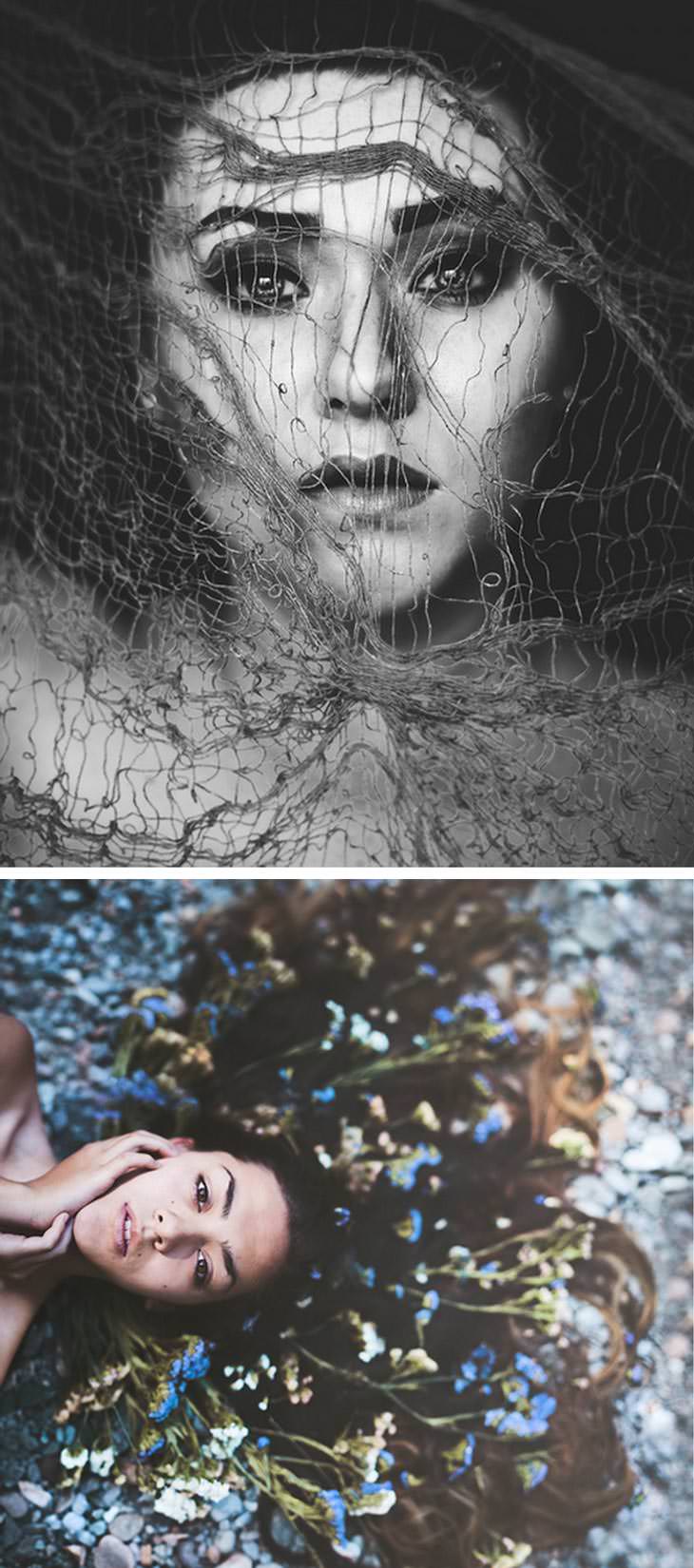 Two portraits: a woman's face under a tangled net in black and white, and a woman lying on stones with flowers in her spread hair