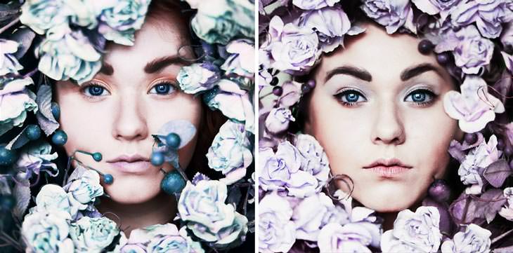 Megan Wilson self-portraits Growth I and Growth II: her face surrounded by pale blue roses, then by lilac roses