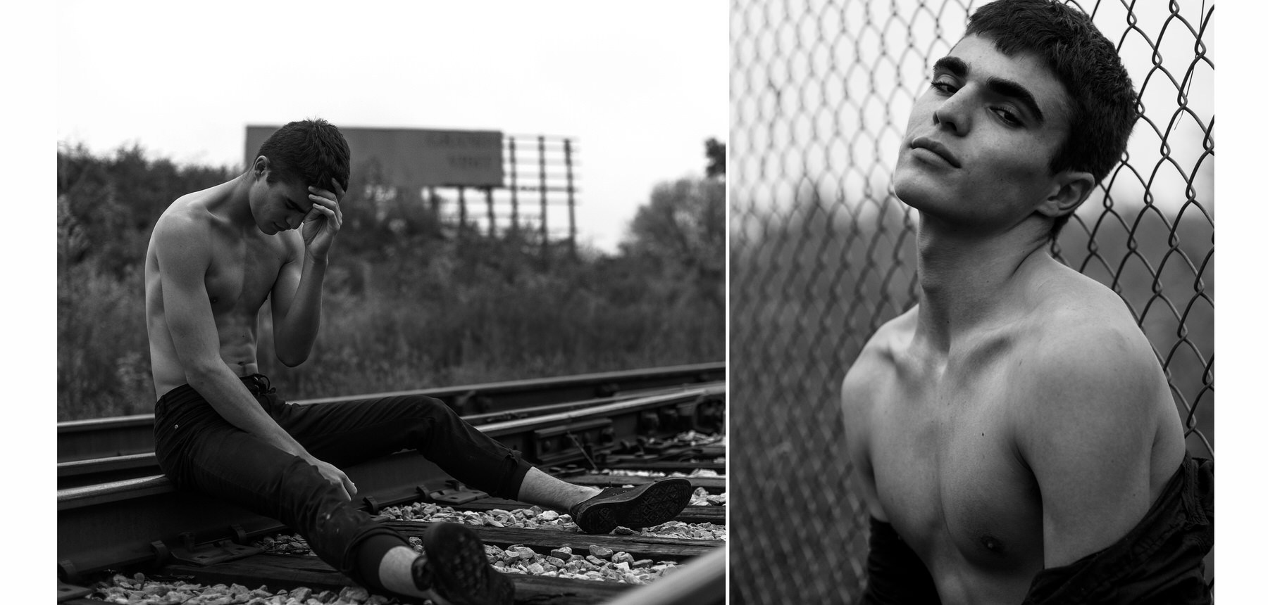 Black and white composite by photographer Grant Legan: a man sitting on railroad tracks beside a fenced portrait shot