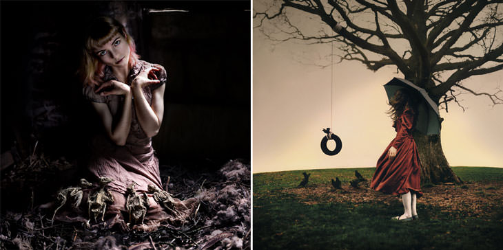 Rosie Anne Prosser photos: left, a girl kneeling by animal remains in a dark barn; right, she wore her best dress, a woman in red with an umbrella under a bare tree