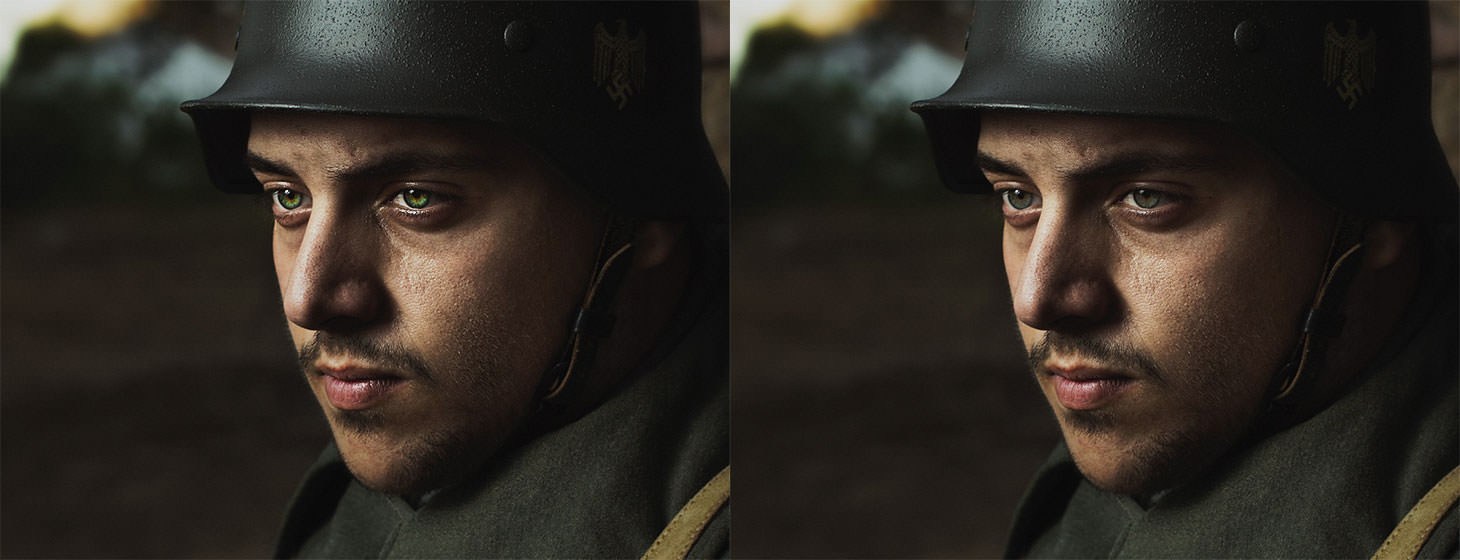 Before and after comparison of a portrait wearing a military-style helmet, showing brighter, color-enhanced eyes after retouching