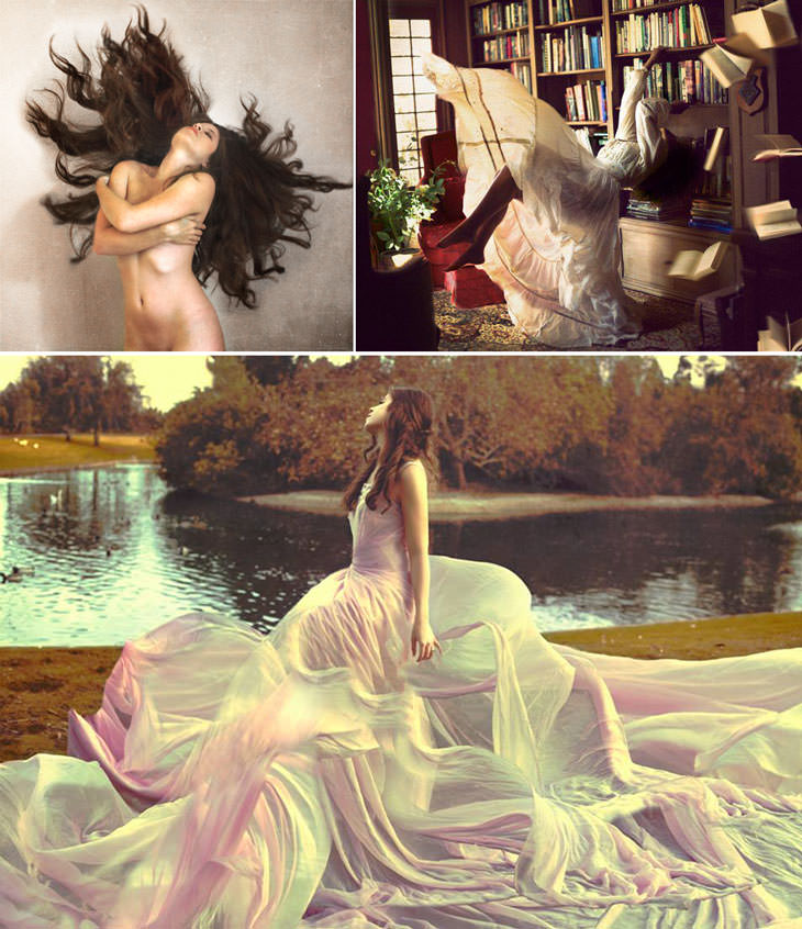 Three Mandy Rosen photos: a nude woman covering herself, hair flung out; a woman flying amid books in a library; a woman in a vast gown by a pond