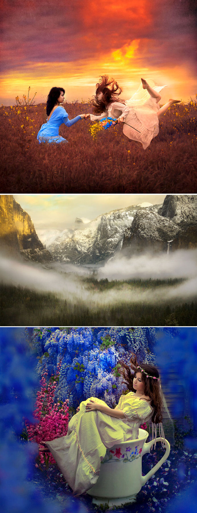 Three Mandy Rosen photos: a woman floating toward another in a field at sunset, a misty mountain valley, a woman sitting in a giant teacup