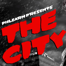 PHLEARN Presents The City title card in bold red noir-style lettering over a black-and-white city skyline, from a behind-the-scenes look at a noir-inspired photoshoot