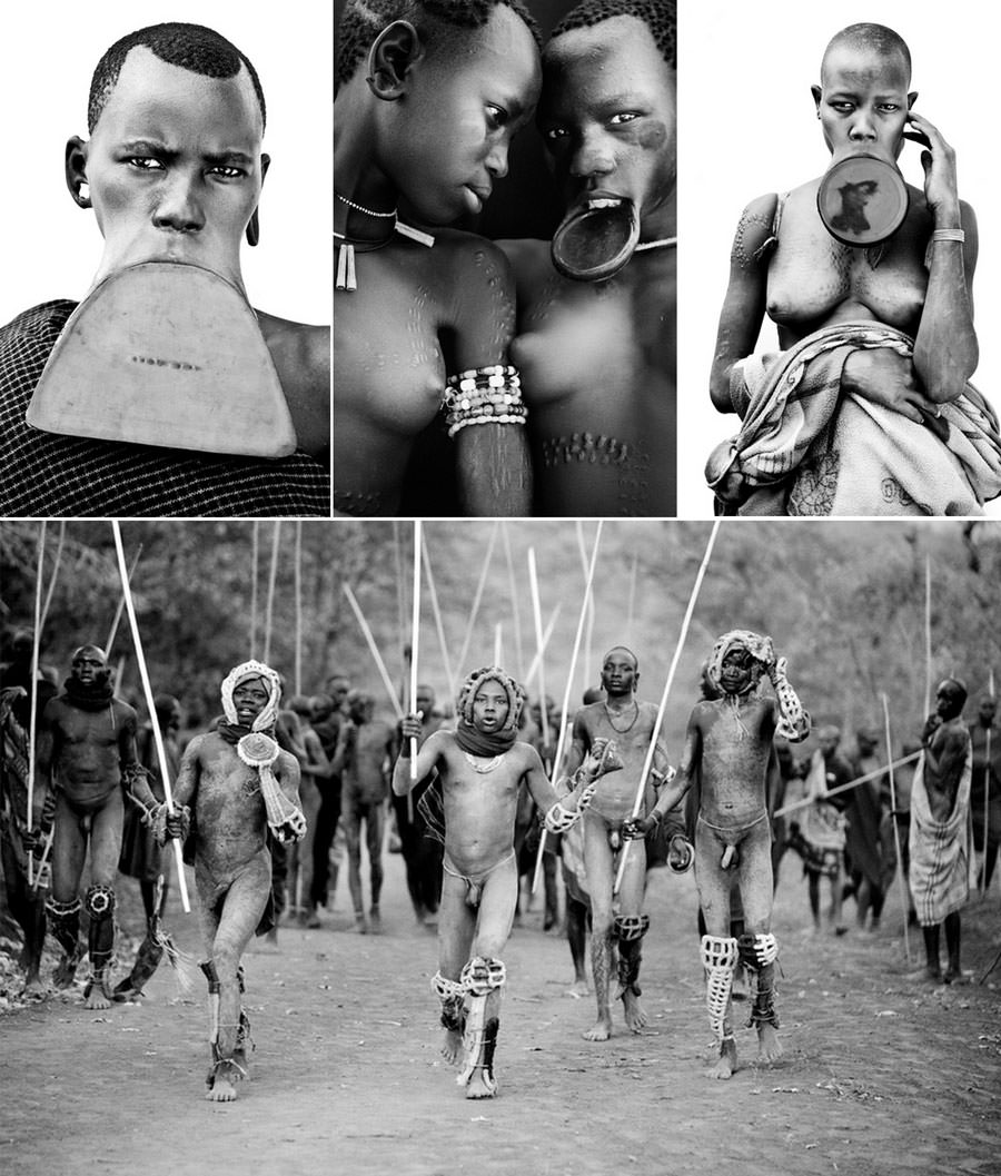 Black-and-white Omo Valley photos: three portraits of people wearing lip plates, and painted men carrying long poles along a dirt path