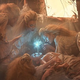 Fantasy composite of robed figures gathered around a glowing blue orb beside a sleeping person, an illustration titled Island of Morel