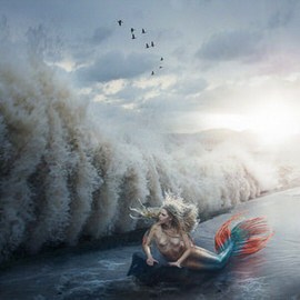 Person with a colorful mermaid tail lying on a beach beneath large ocean waves, demonstrating how to create a mermaid effect in Photoshop