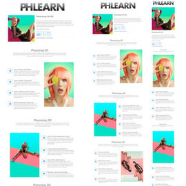 Multiple website mockup layouts in Photoshop artboards showing PHLEARN course pages, Photoshop Artboards tutorial thumbnail
