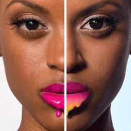 Split before and after close-up of a woman's face and lips showing colorful makeup retouching, example for creating an animated before and after GIF in Photoshop