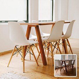Bright dining room with a wood table and white chairs by large windows, with an inset before thumbnail showing a duller version, example for retouching environments in Photoshop