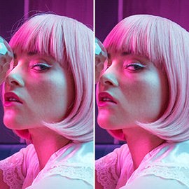 Split before and after close-up of a woman with pink bob hairstyle under colorful magenta and cyan lighting, example for retouching hair in Photoshop
