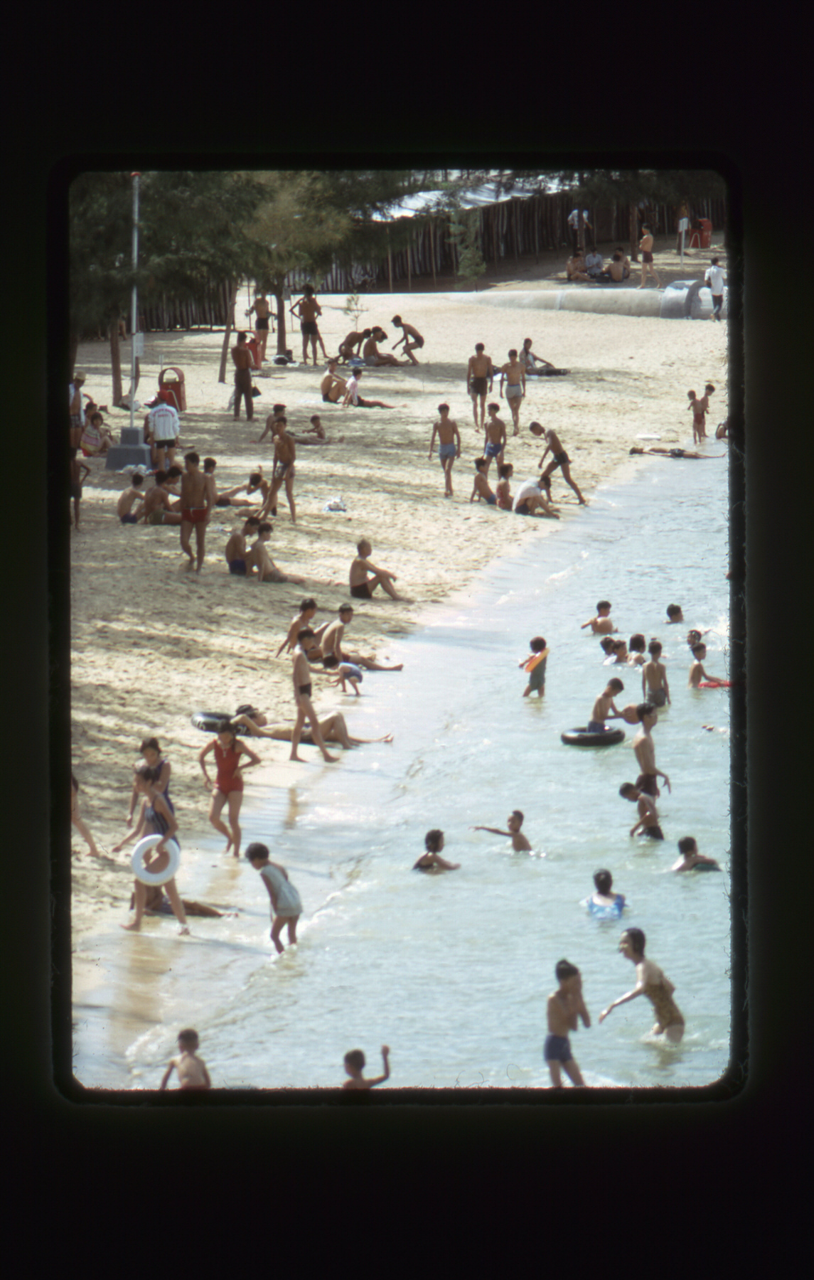 Old color slide of a crowded beach, with children swimming and playing in shallow water along the sand