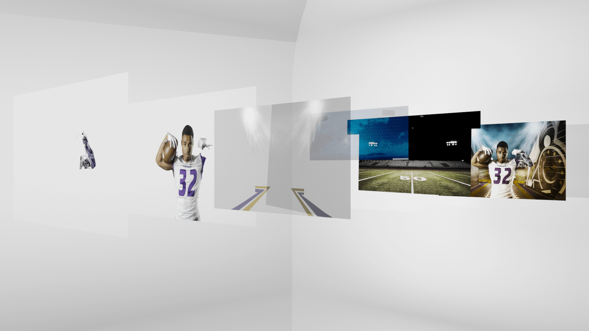 Diagram of stacked image layers, a football player cutout, lights and a field, building up to the finished number 32 composite