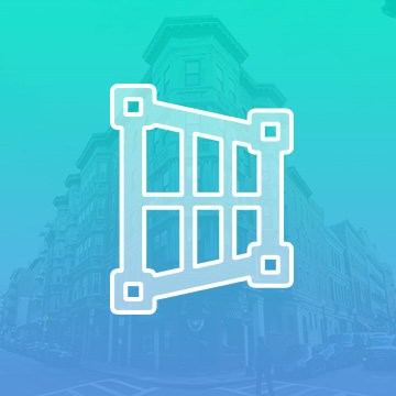 Teal gradient icon of a perspective grid shape over a building photo, demonstrating how to use the Perspective Crop tool in Photoshop