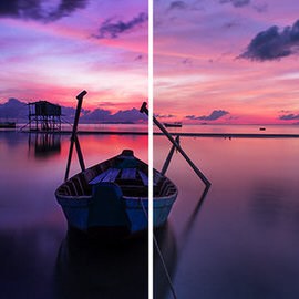 Split before and after of a pink and purple sunset over a lake with a moored boat, showing monitor color calibration, example for why you need to calibrate your monitor