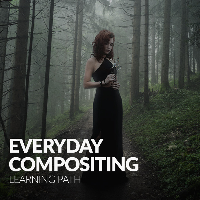 Woman in a black gown standing in a misty forest holding flowers, cover image for the Everyday Compositing Learning Path
