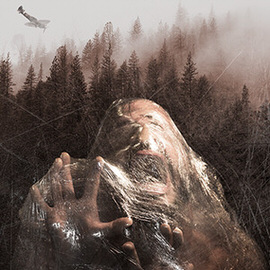 Ghostly wrapped figure reaching out of a foggy forest with a bird flying overhead, horror movie poster for the DIY horror movie poster contest tutorial part I