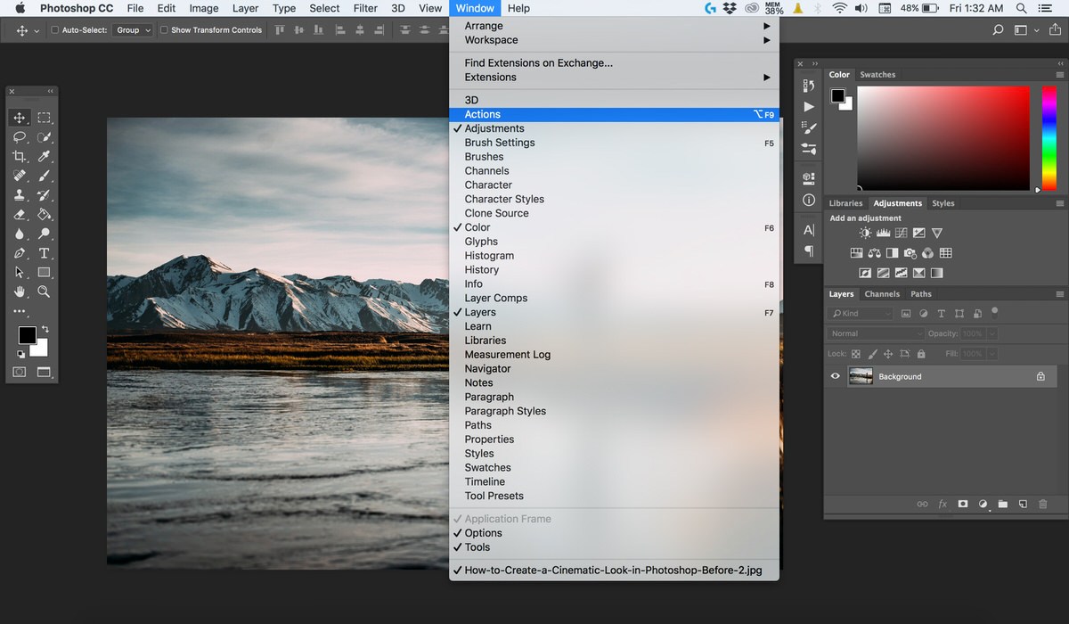 Photoshop's Window menu open with the Actions panel option highlighted
