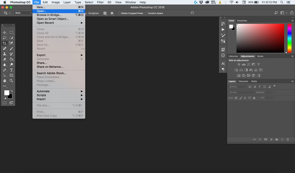 Photoshop's File menu open with New and Open options, before starting the edit