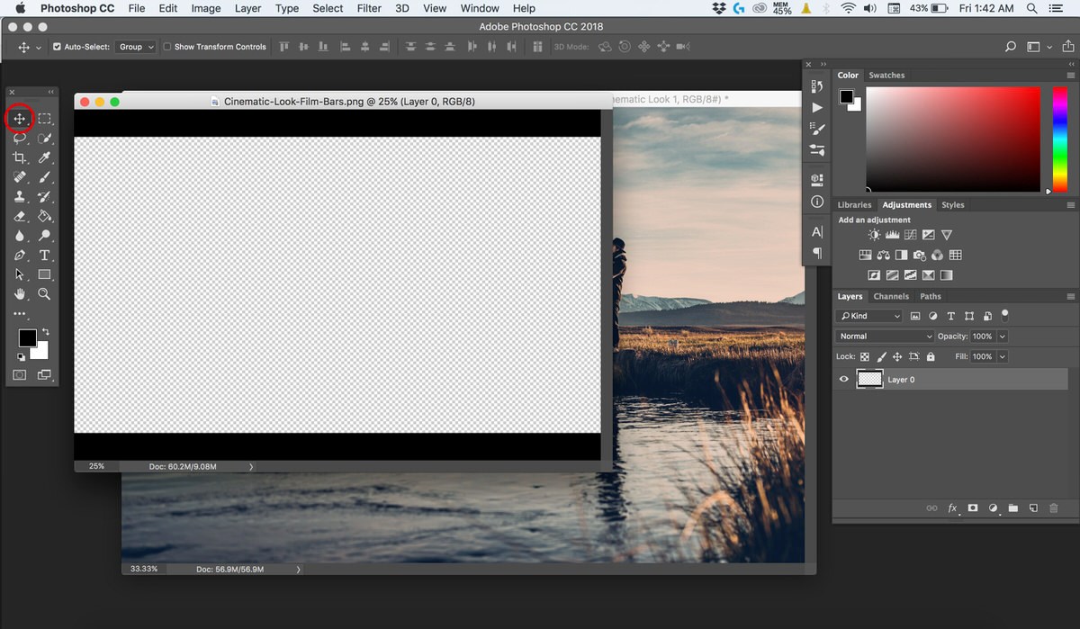 The Cinematic Look Film Bars PNG open in its own document, showing black bars with a transparent center