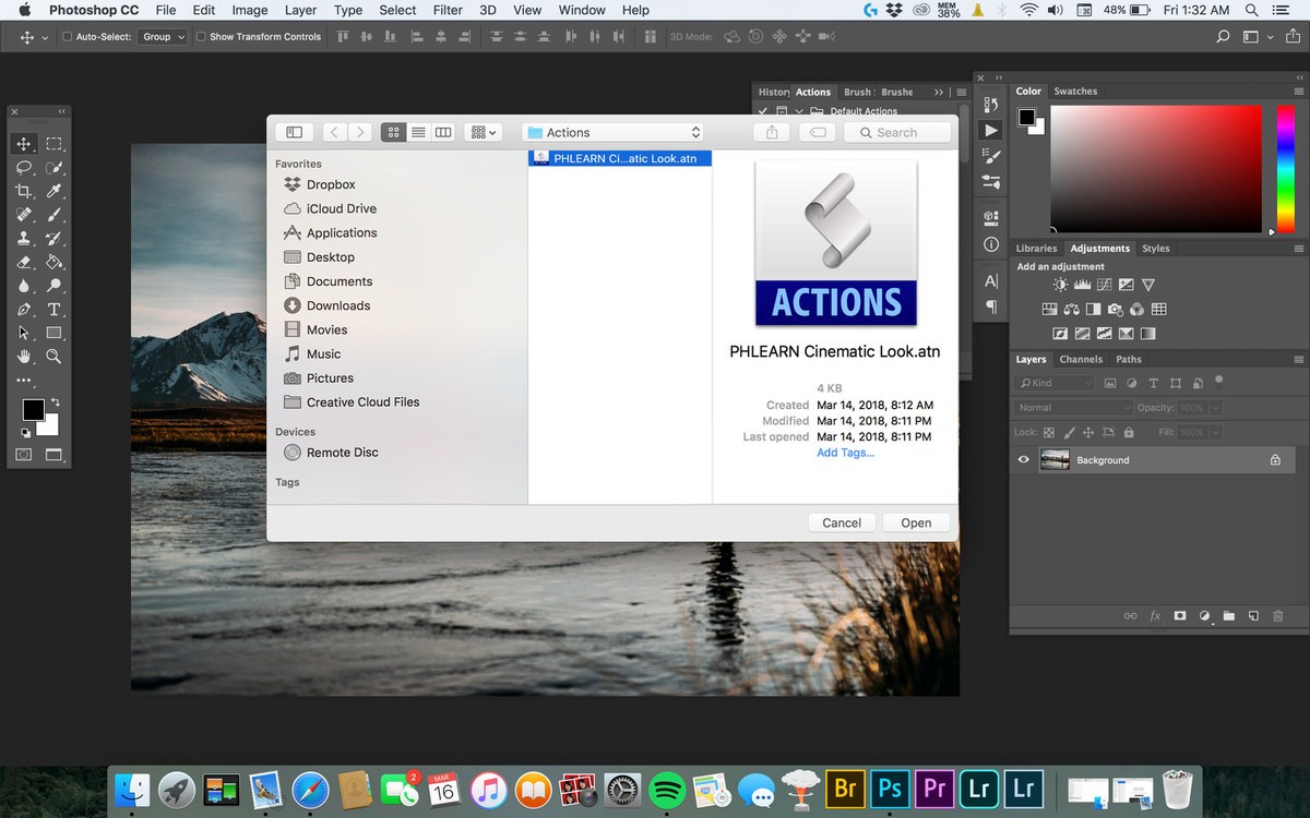 File browser dialog with the PHLEARN Cinematic Look action file selected for loading