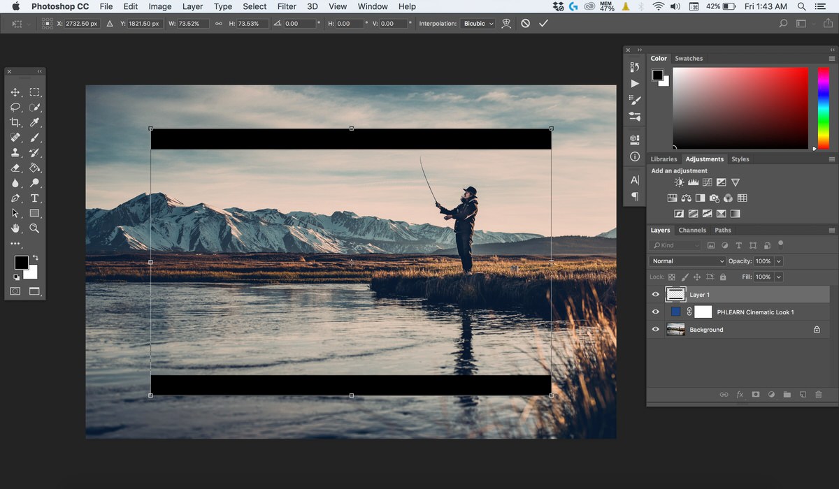 Free Transform handles being used to resize the black bars layer to fit the full width of the image