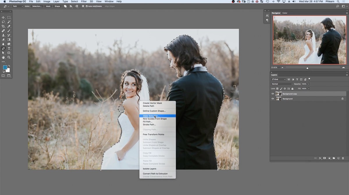 Right-click menu inside the finished Pen tool path with Make Selection highlighted, above the new Background copy layer