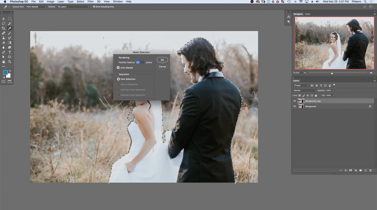 The Make Selection dialog with Feather Radius set to 0.5 pixels and Anti-aliased checked