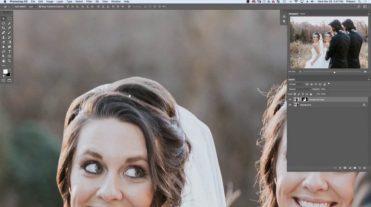 A close-up of the offset cutout beside the original, showing the bride's fine flyaway hairs missing from the Pen tool selection