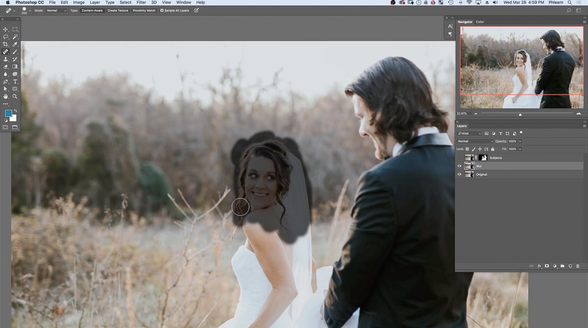 Painting over the bride's head with the Spot Healing Brush on the Blur layer to fill it with background texture