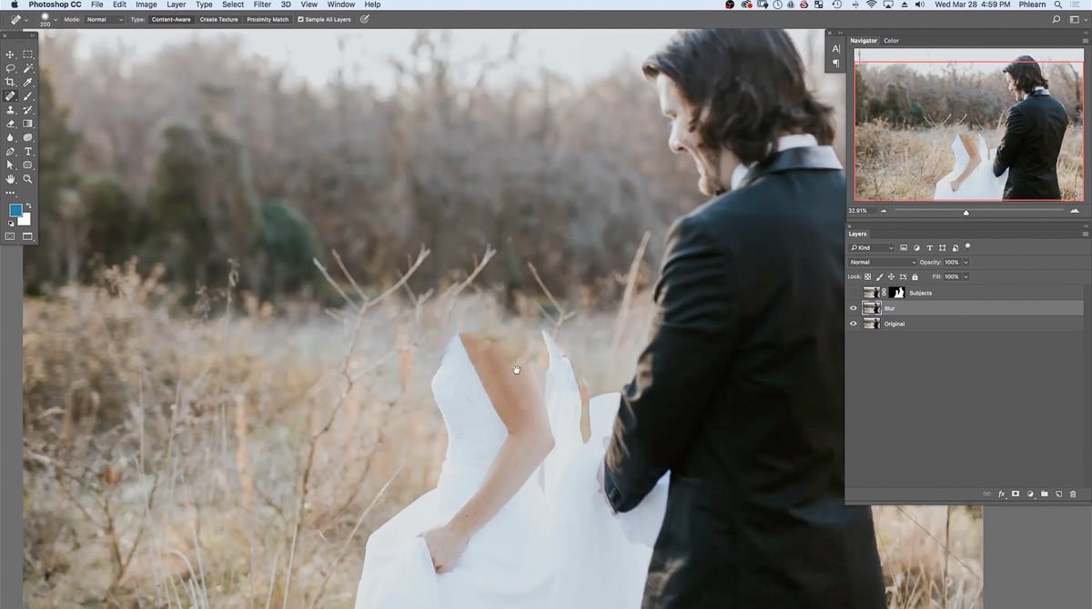 The bride's head and shoulders removed from the Blur layer by the Spot Healing Brush, leaving field and trees behind