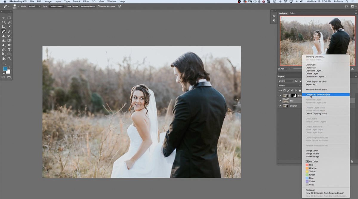 Right-click menu on the Blur layer with Convert to Smart Object highlighted, before any blur is applied