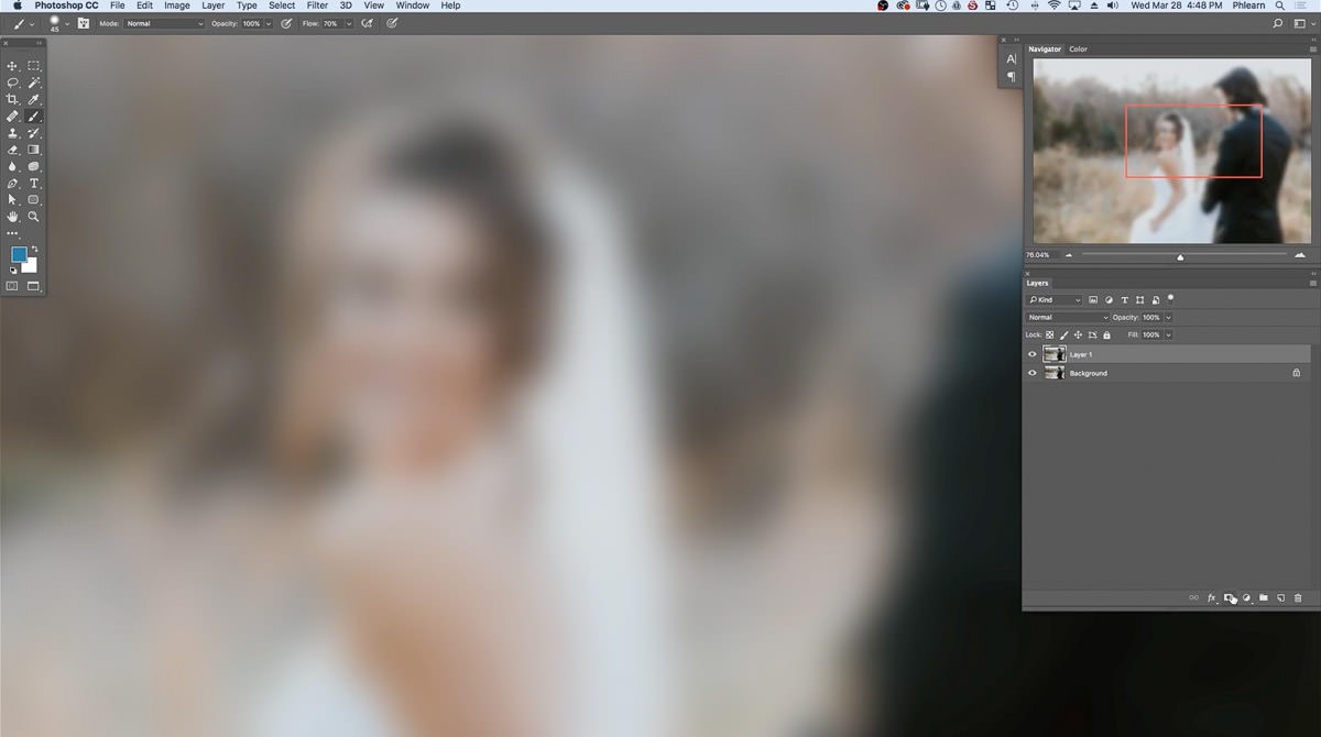 The same close-up at full opacity, with the bride and her veil completely lost in the Gaussian Blur
