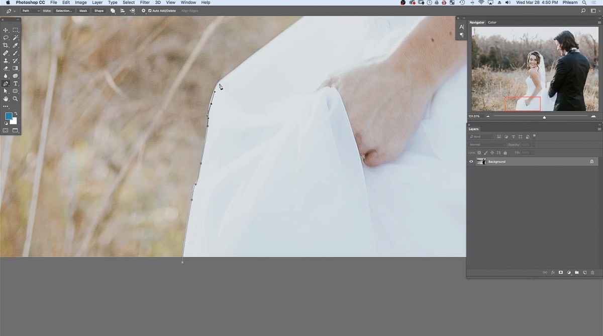 The Pen tool path starting at the hem of the bride's dress, with anchor points placed just inside its edge