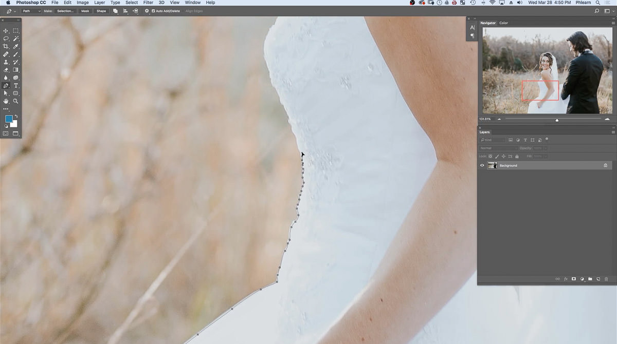 The Pen tool path continuing up the side of the bride's dress toward her waist, with closely spaced anchor points