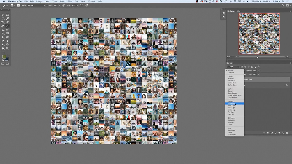 The portrait after Soft Light blend mode is applied, with the mosaic pattern taking on the photo's tones and shape