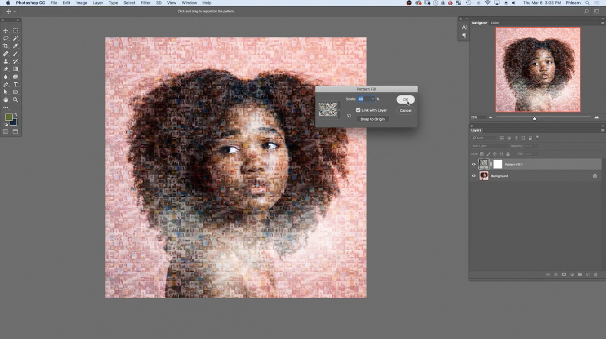 Zoomed-in view of the portrait's face with the pattern scale increased, showing fewer and larger mosaic tiles