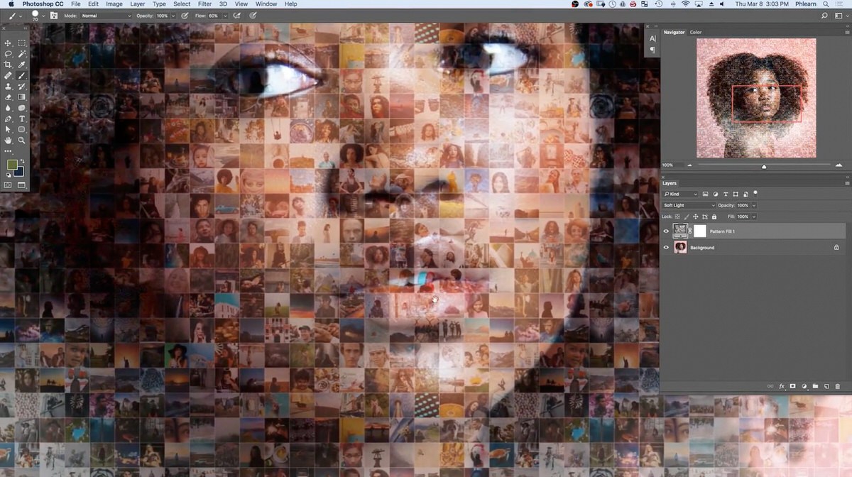 New Adjustment Layer menu open above the mosaic-patterned portrait, about to add a clipped Levels adjustment